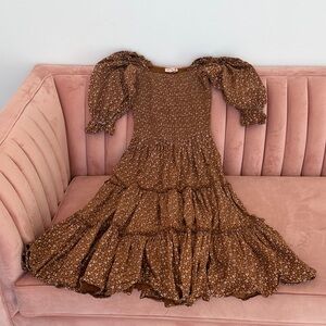 Ivy City Co Brown Smocked Floral Midi Dress